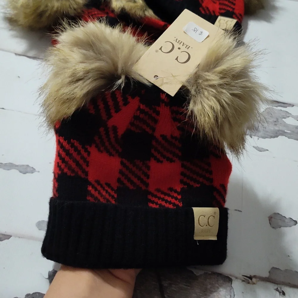 Red and Black Plaid Pom Pom Beanie CC Beanie Hats - Picture 2 of 2